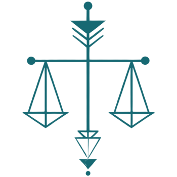 Icona verde stilizzata di una bilancia, simbolo di giustizia ed equilibrio. Design minimalista con frecce verticali. Fav-verde, elemento grafico distintivo.