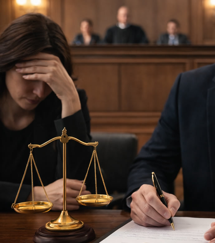 Avvocato Lodi Piacenza: Donna stressata in tribunale con bilancia della giustizia, uomo firma documenti. Costituzione Parte Civile, studio legale.