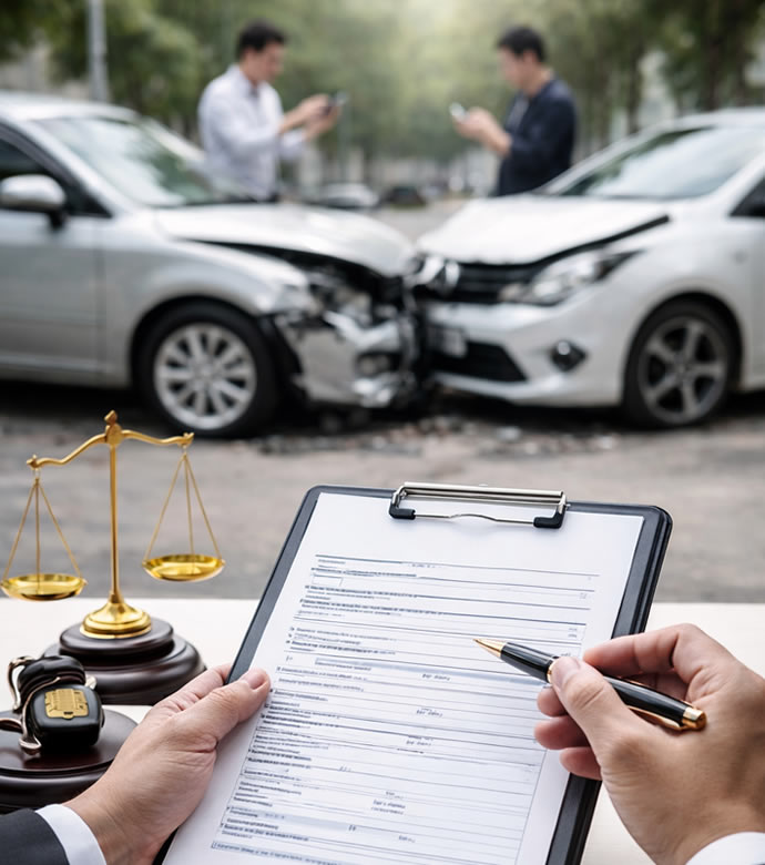 Avvocato risarcimento incidenti stradali Lodi Piacenza: Uomo compila modulo con incidente auto sullo sfondo e bilancia della giustizia.