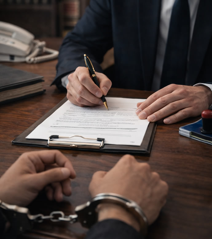 Fase Esecutiva Processo Penale: Dettagli di un avvocato che assiste un detenuto con manette durante la firma di documenti legali.