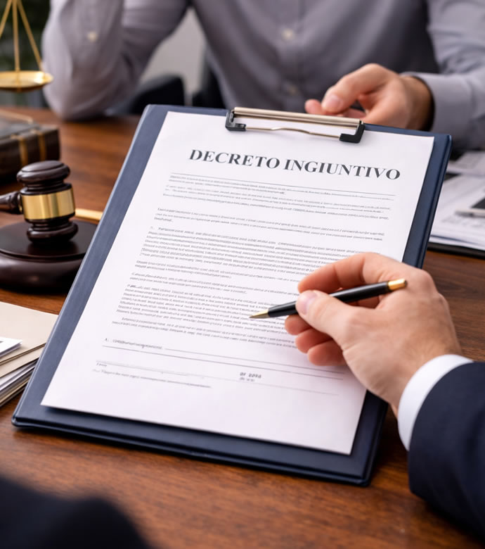 Ho ricevuto decreto ingiuntivo: immagine di un avvocato che esamina un atto legale (Decreto Ingiuntivo) con bilancia della giustizia e martelletto
