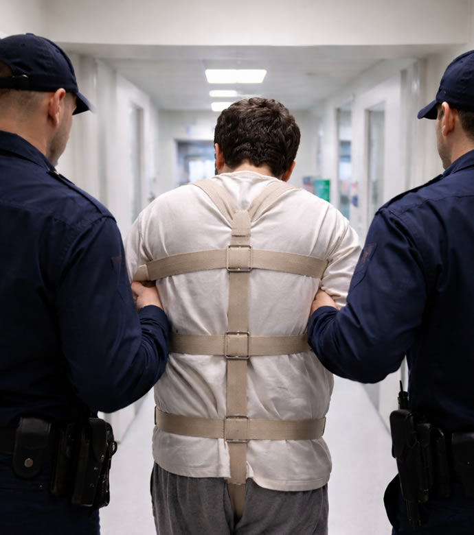 Un uomo in camicia di forza è scortato da due agenti in un corridoio, misure di sicurezza avvocato Lodi Piacenza, controllo e restrizione