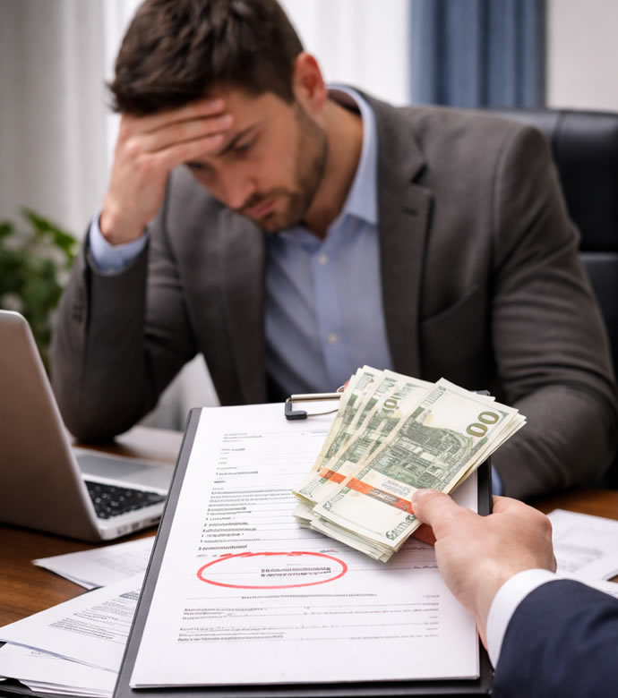 Avvocato recupero crediti Lodi Pavia pensieroso con soldi. Professionista legale per assistenza recupero debiti e gestione patrimoniale in Lombardia.