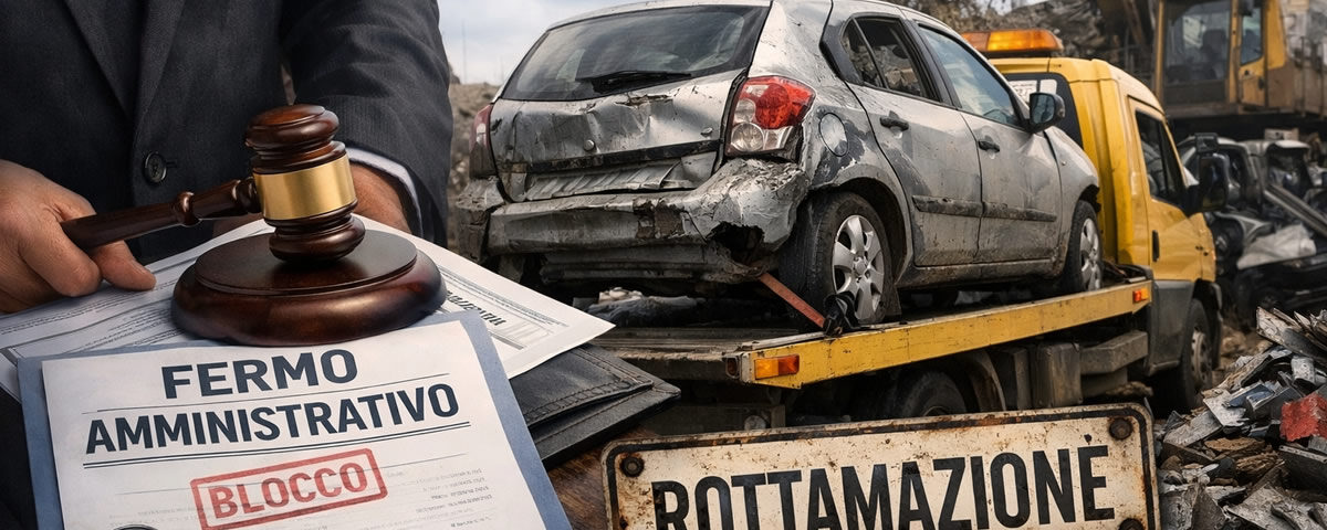 Rottamazione veicolo con fermo amministrativo: auto danneggiata su carroattrezzi, documenti legali, e cartello rottamazione. Rottamare auto.