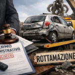Rottamazione veicolo con fermo amministrativo: auto danneggiata su carroattrezzi, documenti legali, e cartello rottamazione. Rottamare auto.
