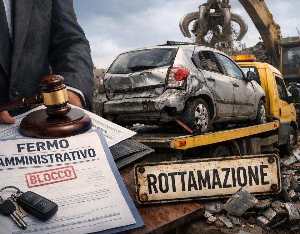 Rottamazione veicolo con fermo amministrativo: auto danneggiata su carroattrezzi, documenti legali, e cartello rottamazione. Rottamare auto.