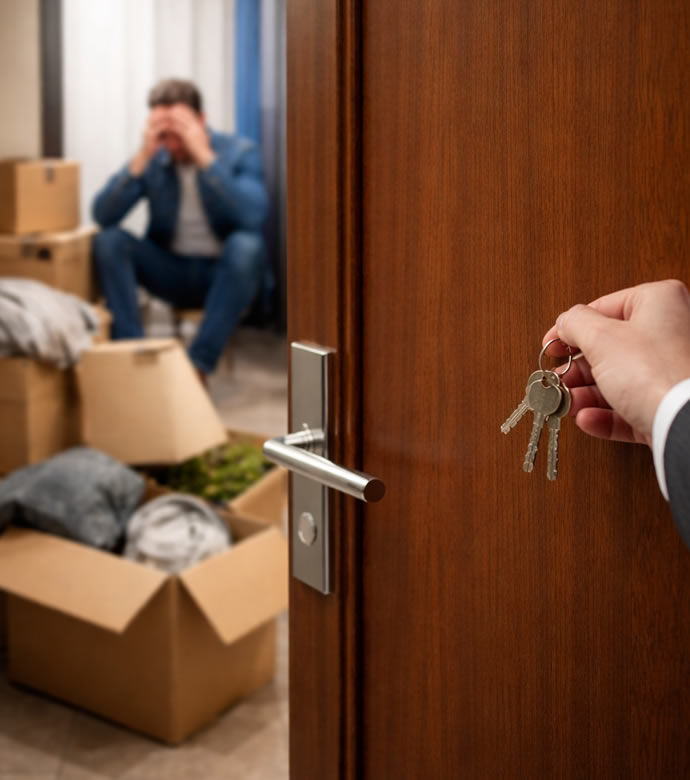 Sfratto per morosità condomino: uomo disperato seduto tra scatoloni, mano con chiavi alla porta. Evizione immobiliare per inquilino moroso.